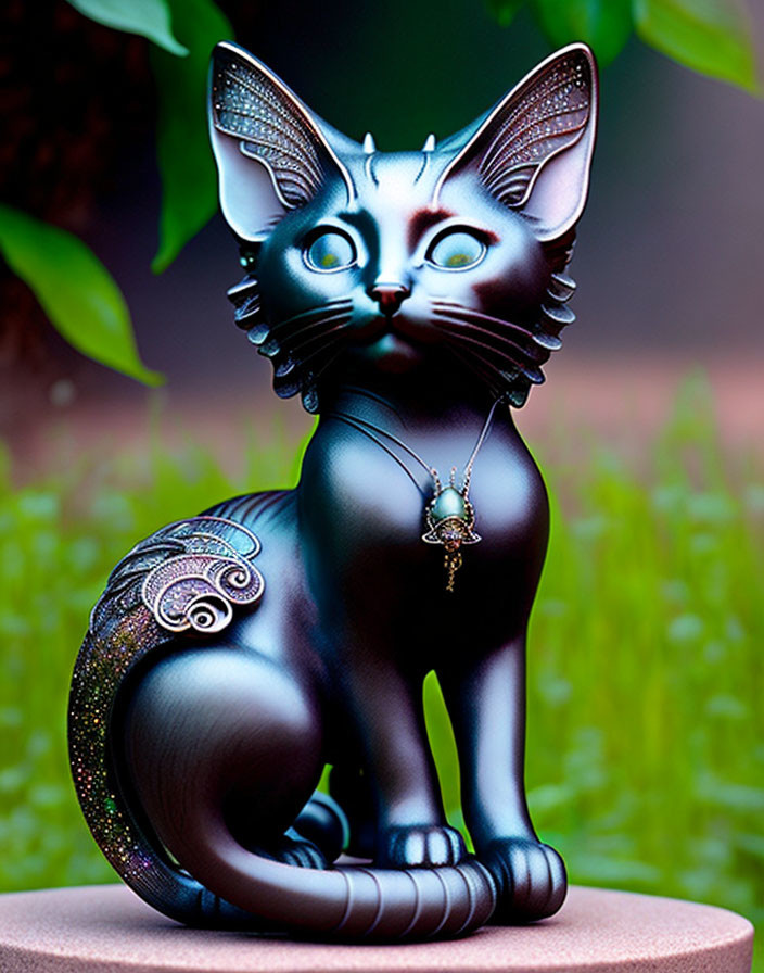 Stylized black cat sculpture with silver patterns on green background