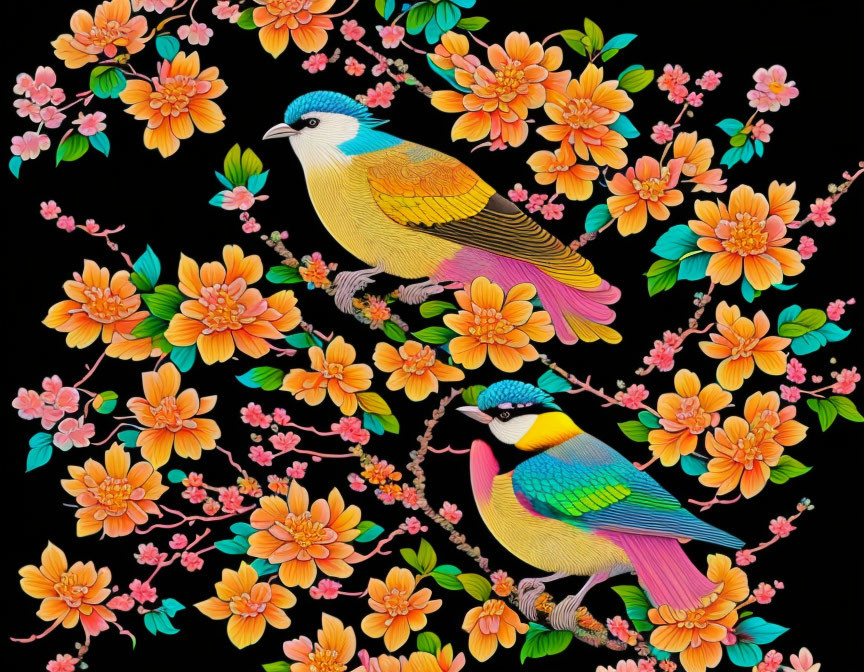 Vibrant bird illustration with colorful plumage and flowers on black background