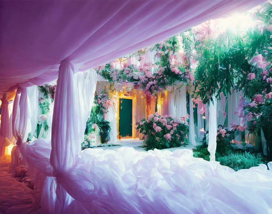 Lush floral archway with purple drapery and teal door surrounded by greenery.