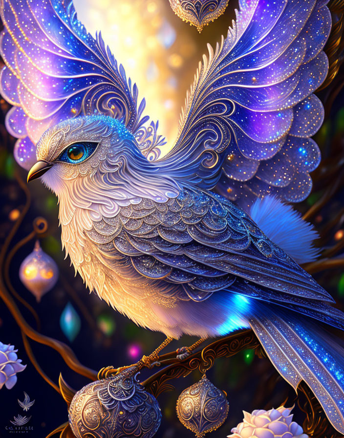 Mystical radiant bird with peacock-like feathers perched among lanterns and flowers