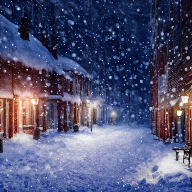 Snowy Evening Scene: Snowflakes Falling on Quaint Street with Traditional Wooden Houses