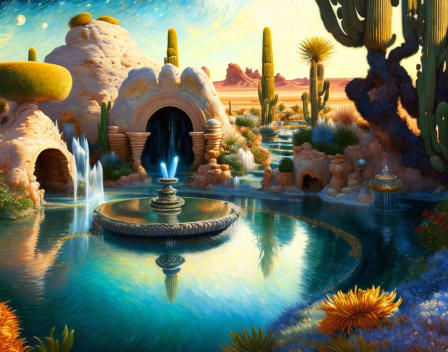 Lush Oasis with Waterfalls, Fountain, and Cacti