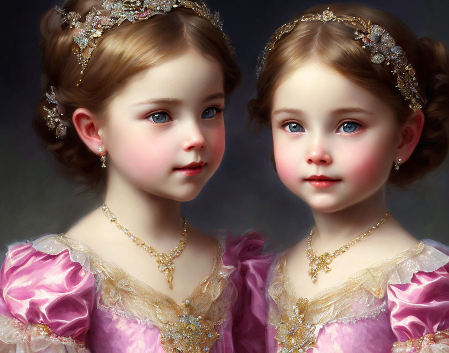 Two young girls in rose-colored dresses with tiaras and intricate hairstyles.