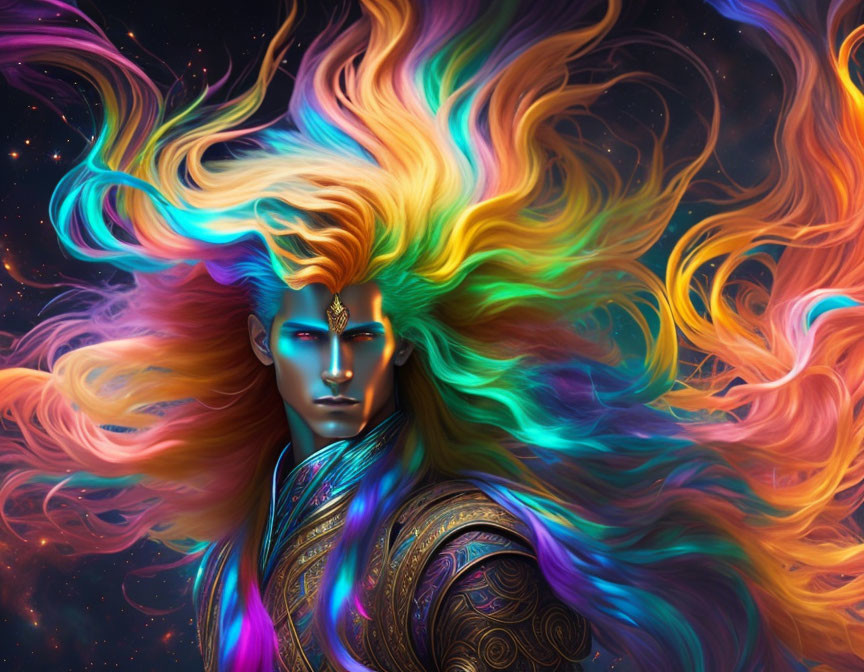 Colorful digital artwork of mythical being with cosmic hair and celestial aura