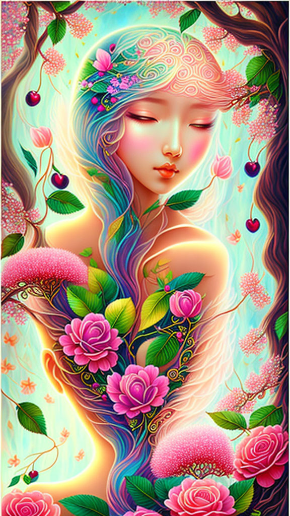 Vibrant floral woman illustration with roses and nature motifs