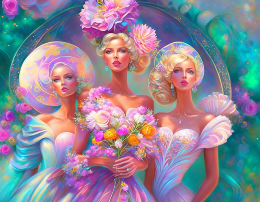 Stylized women with floral hairstyles in pastel dresses on colorful background