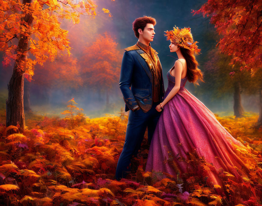 Man and woman in ornate autumn attire in vibrant fall forest setting