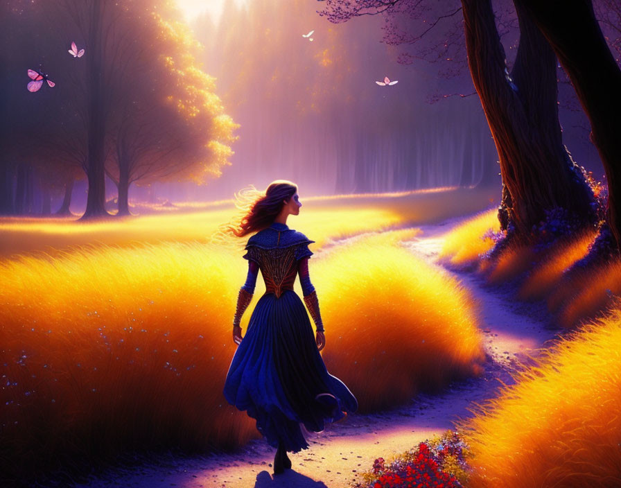 Woman in vintage dress strolls magical forest with butterflies