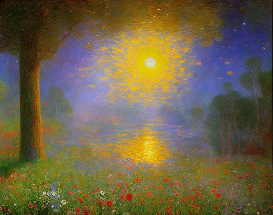 Moonlit Night Landscape Painting with Radiant Moon and Water Reflections