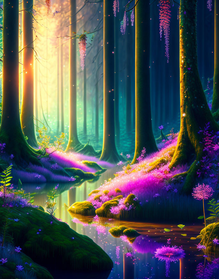 Mystical forest with purple flora, luminous moss, serene water, and sunlight.