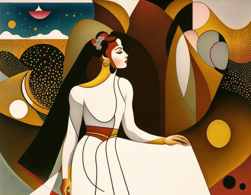 Stylized painting of woman in white dress with red belt and abstract background shapes