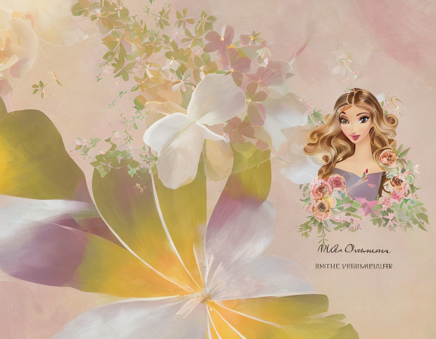 Whimsical female character with floral elements on pastel background