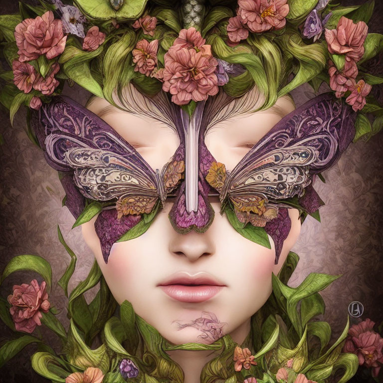 Digital artwork features person's face with butterfly mask, surrounded by green leaves and pink flowers