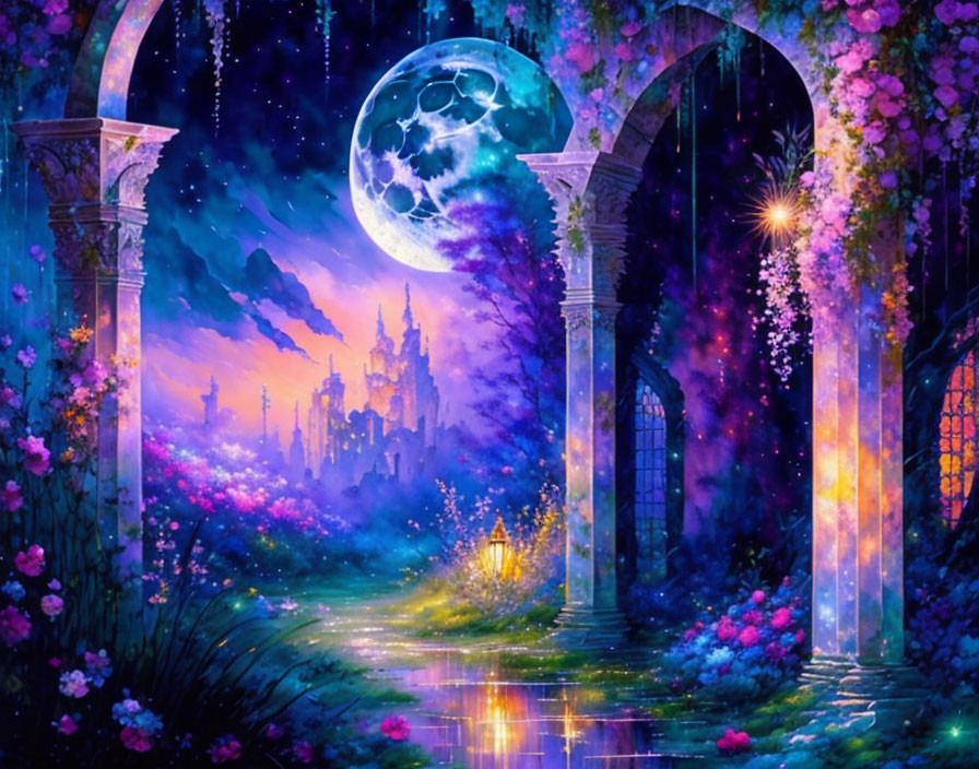 Fantasy landscape with towering spires, moon, floral arches, and starry sky.