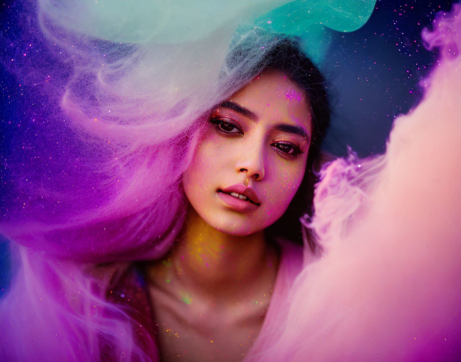 Young woman with multicolored veils in dreamlike portrait