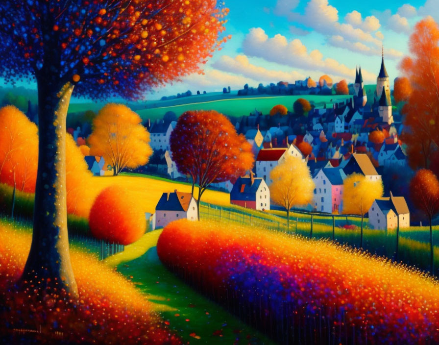 Colorful landscape painting with trees, flowers, and houses under autumn sky