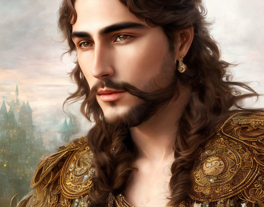 Fantasy portrait of man with long curly hair and stylized beard in gold armor, with castle backdrop