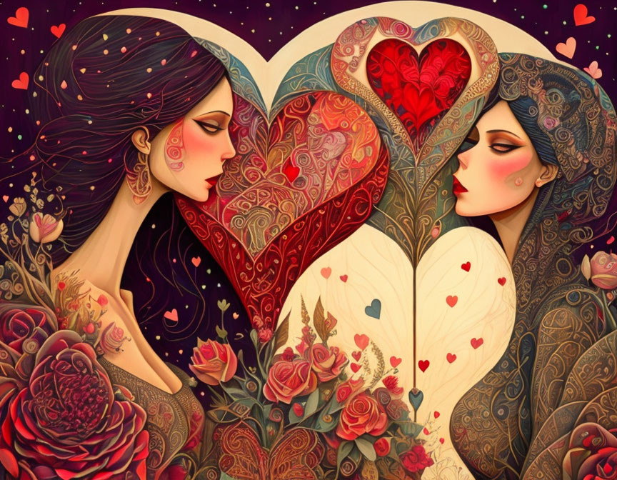 Stylized female figures in heart shape with elaborate designs