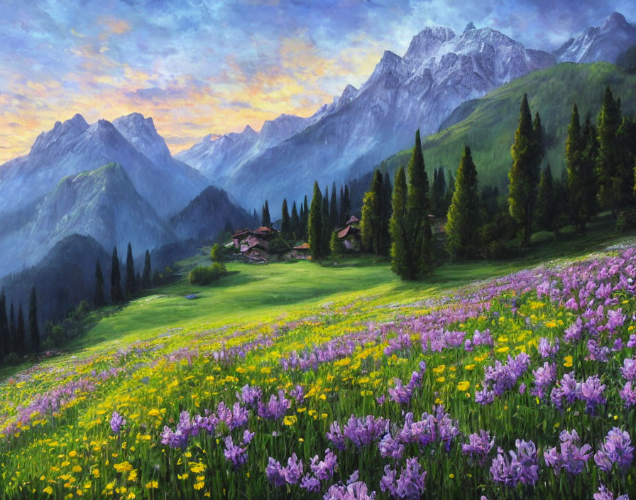 Lush meadow with purple flowers, green trees, rustic houses, and snow-capped mountains