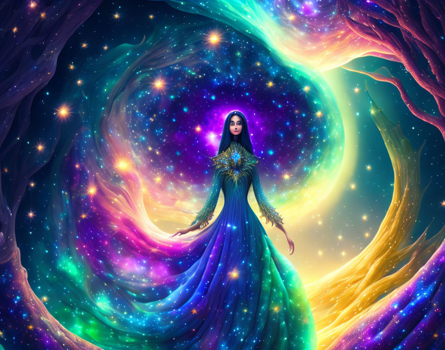 Mystical woman in celestial dress amid swirling galaxy