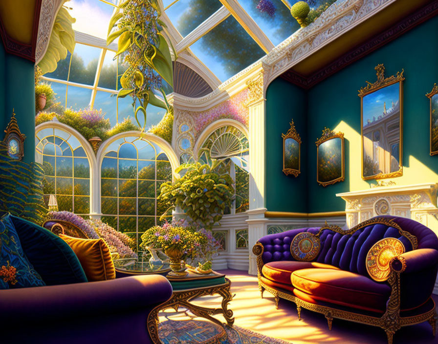 Victorian-style furniture in opulent room with vibrant colors, plants, paintings & glass ceiling.