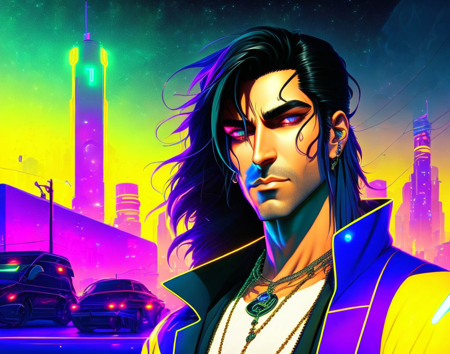 Dark-haired man in yellow jacket against neon cityscape