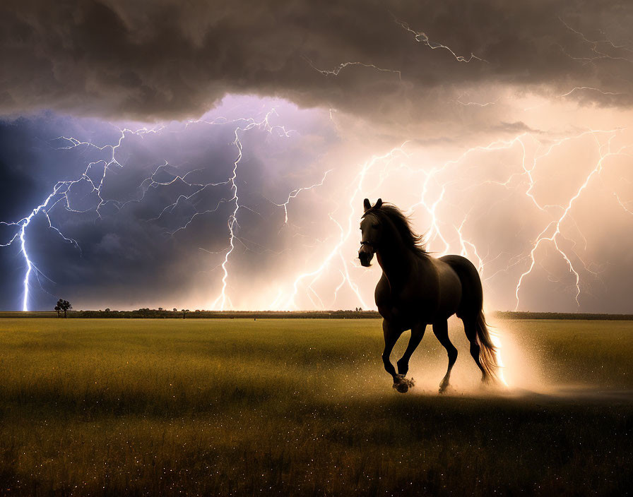 Majestic horse galloping under dramatic sky with lightning bolts