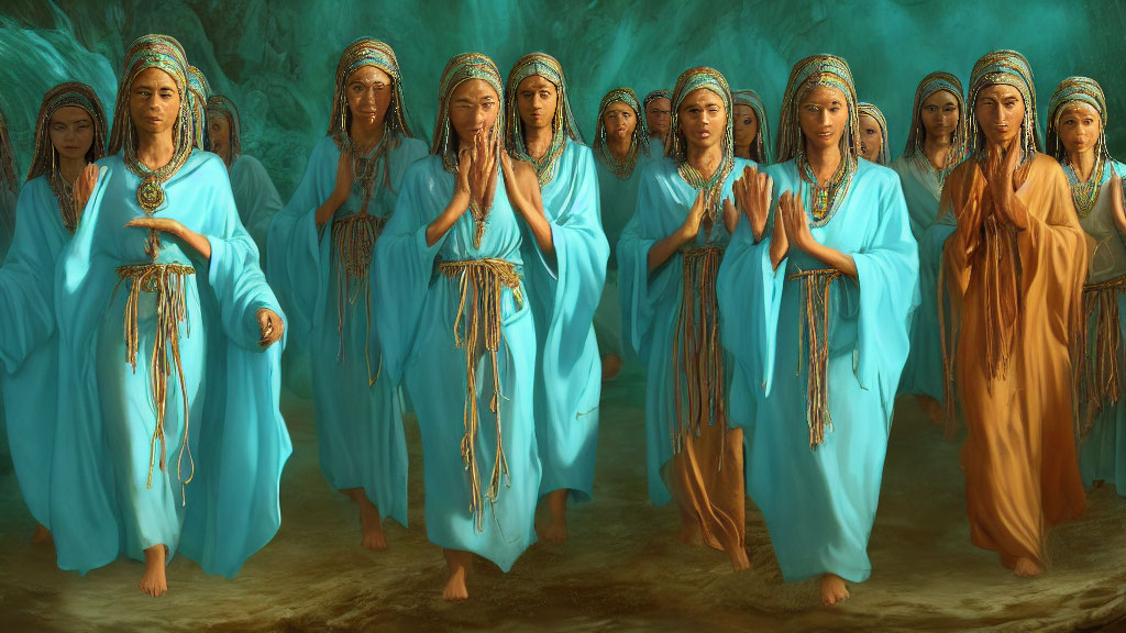 Group in Turquoise and Tan Garments Poses in Green-Lit Cave