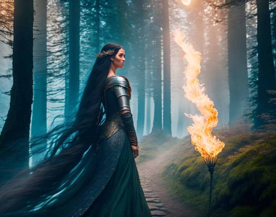 Medieval-style armored woman in misty forest with flaming torch