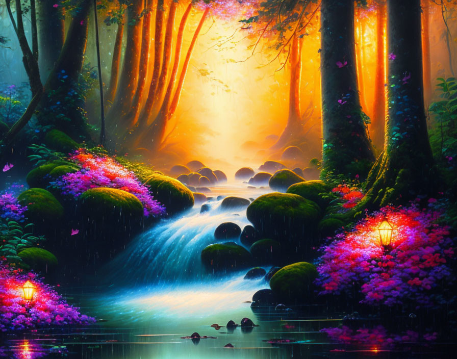 Enchanting forest scene with waterfall, sunlight, colorful flora, and lamppost reflection