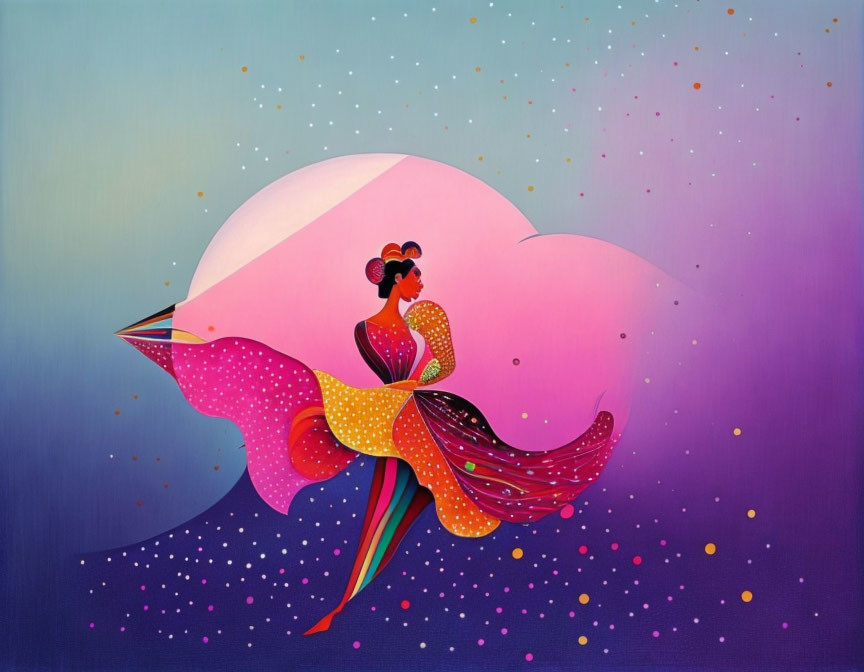 Stylized woman blending with abstract bird on gradient background