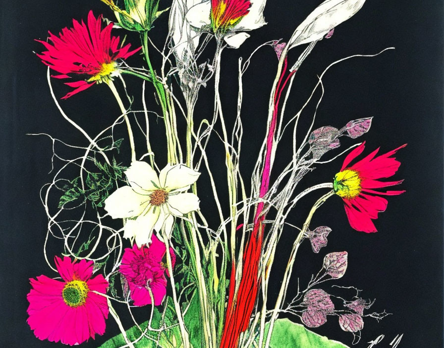 Detailed Red and White Flowers Illustration on Black Background