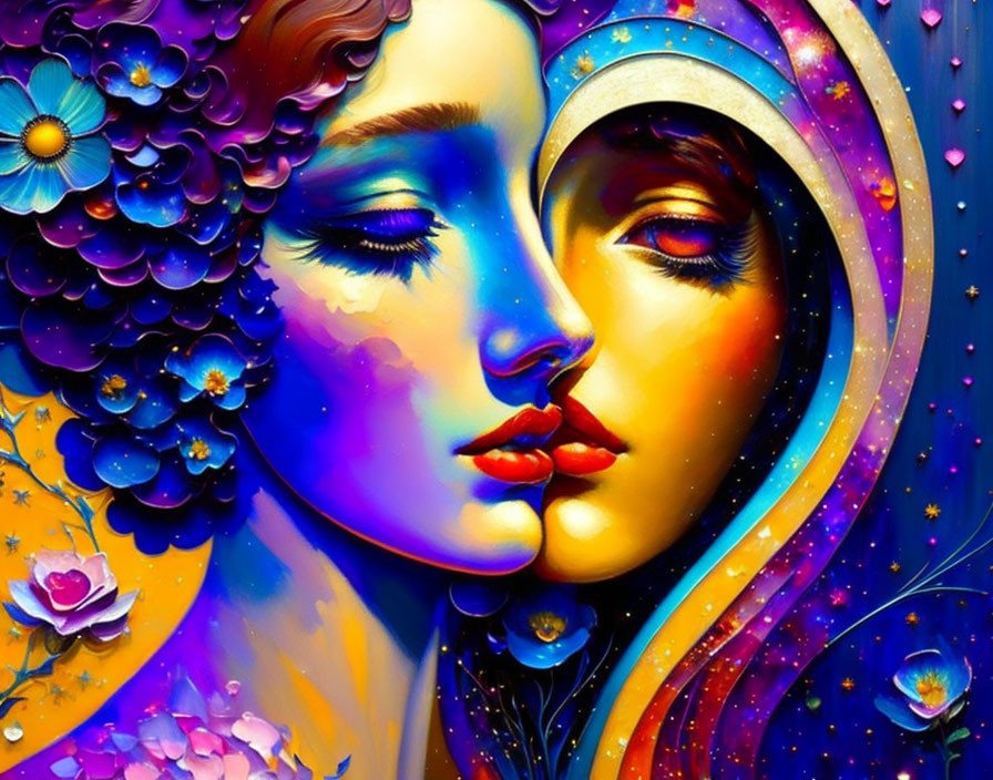 Vibrant digital artwork featuring stylized female faces with floral and cosmic elements