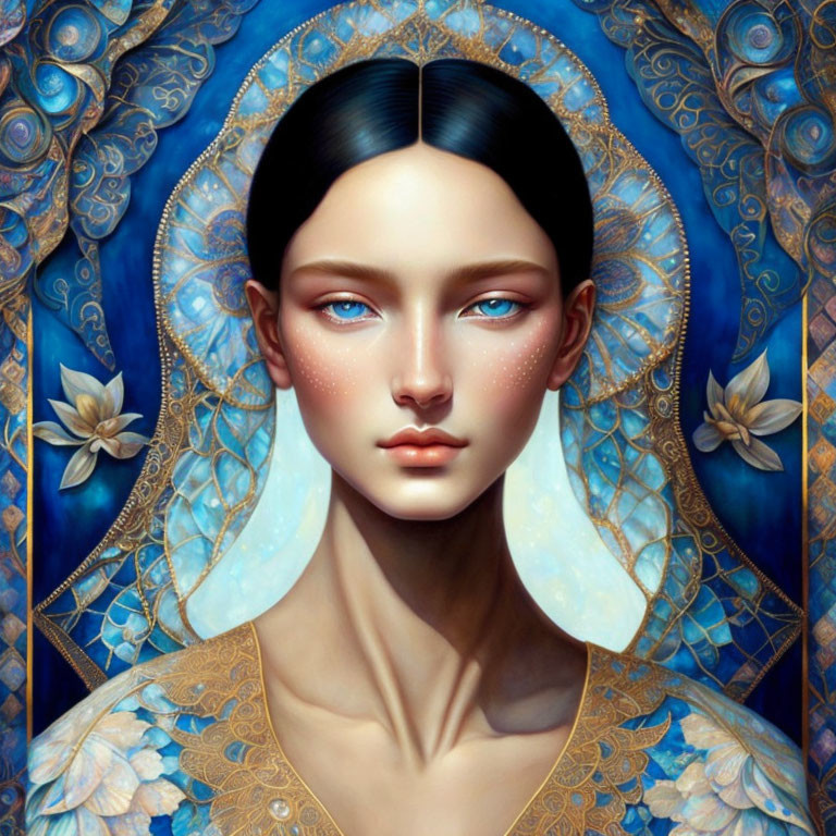 Digital artwork: Woman with blue eyes in intricate gold and blue patterns