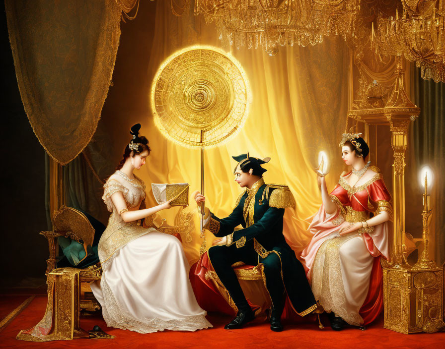 Elegantly dressed women and man in historical costumes in opulent room