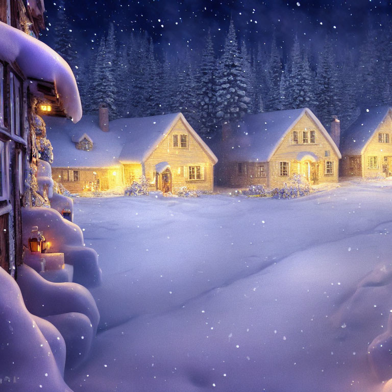 Snow-covered cottages in forest under starry night sky