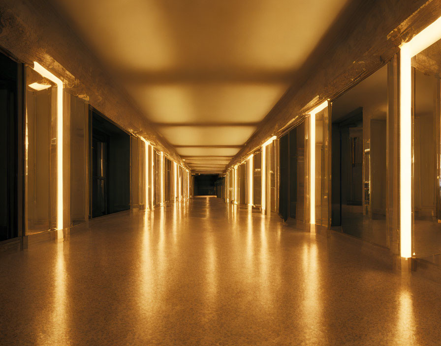 Dimly Lit Corridor with Reflective Flooring and Columns