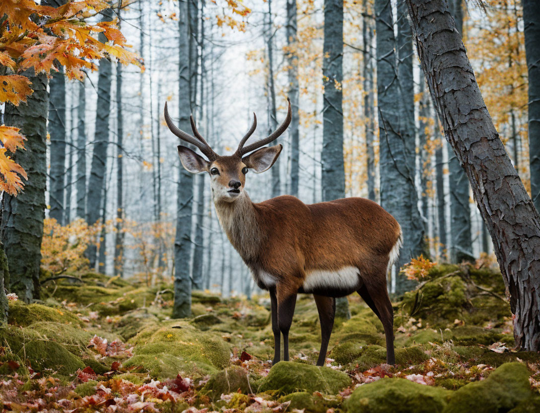 Majestic deer in autumn forest with moss and bare trees