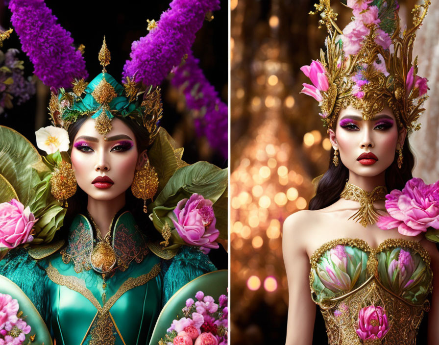 Model wearing opulent flower-themed costume with elaborate headdress and vibrant makeup on bokeh background.