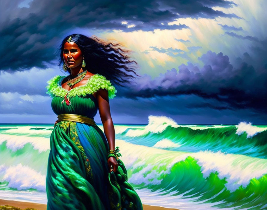 Woman in Green Dress on Shore with Stormy Sky and Waves