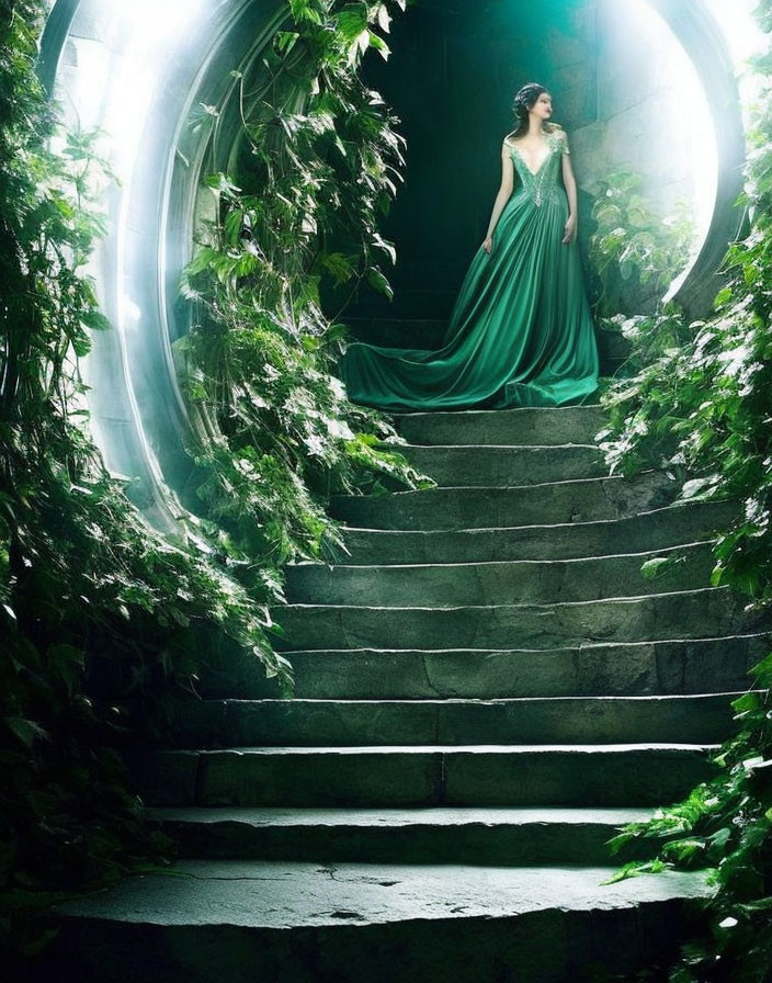 Woman in flowing green dress on stone staircase in lush, ethereal tunnel