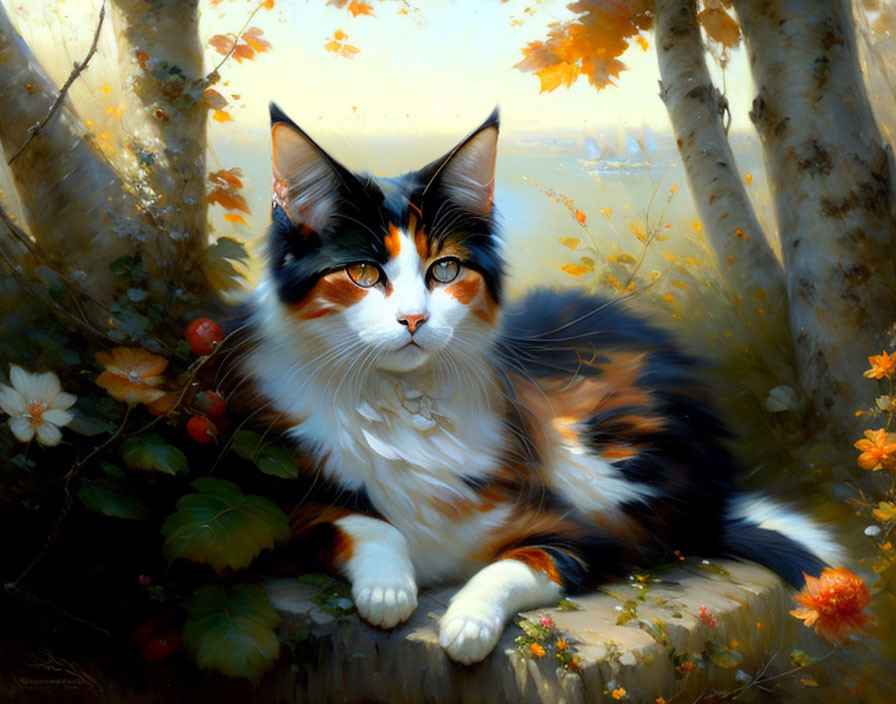 Calico Cat Resting on Stone in Autumn Forest