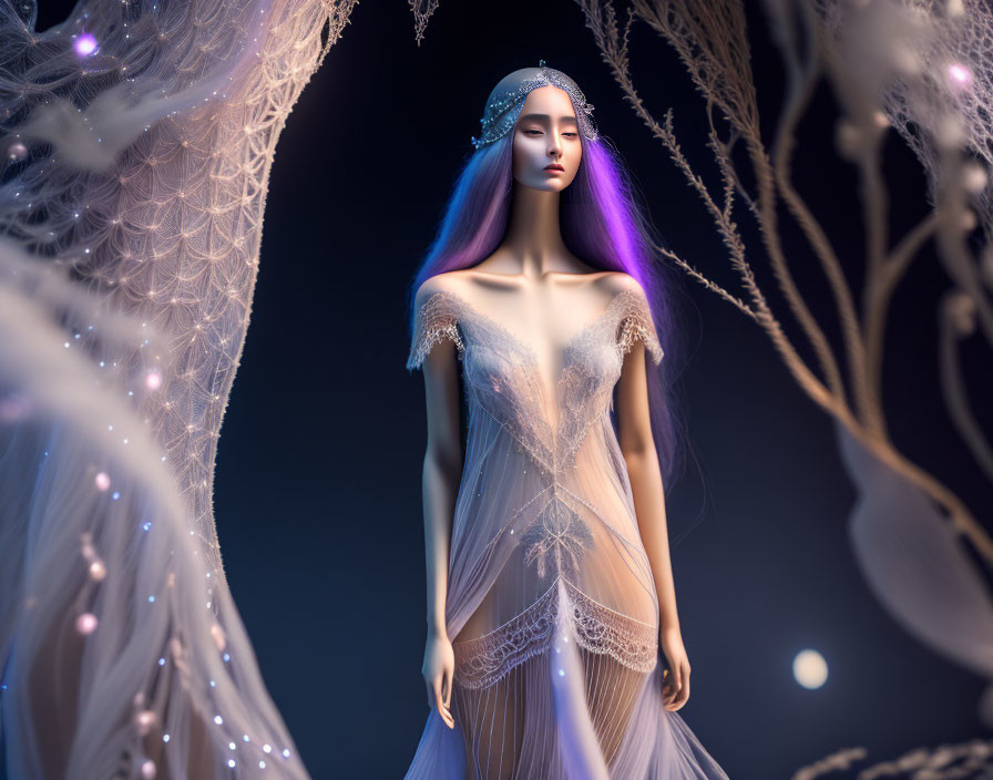 Fantasy-themed image: Woman with purple hair in delicate gown among ethereal cobweb structures.