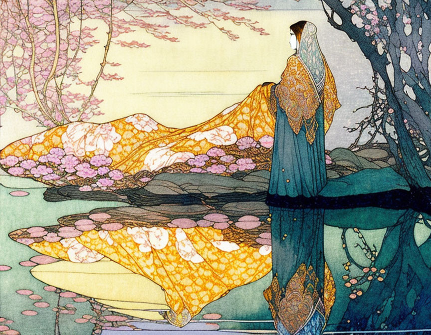 Woman in ornate kimono admiring cherry blossoms in art nouveau and Japanese fusion.