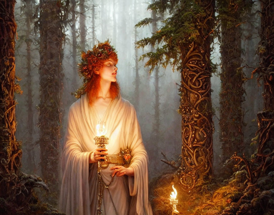 Person in mystical forest with lantern & foliage headpiece - fantasy ambiance