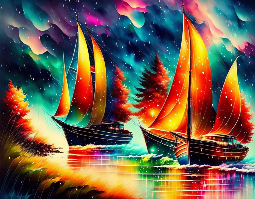 Colorful sailboat painting with autumnal trees and reflective water