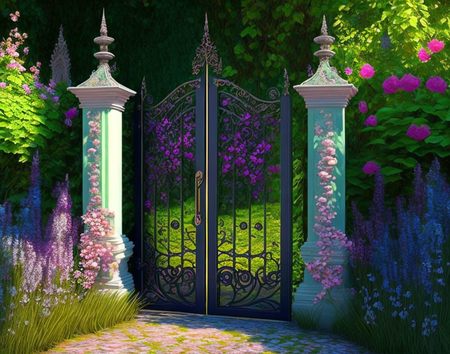 Metal gate and stone pillars in lush garden with vibrant flowers.