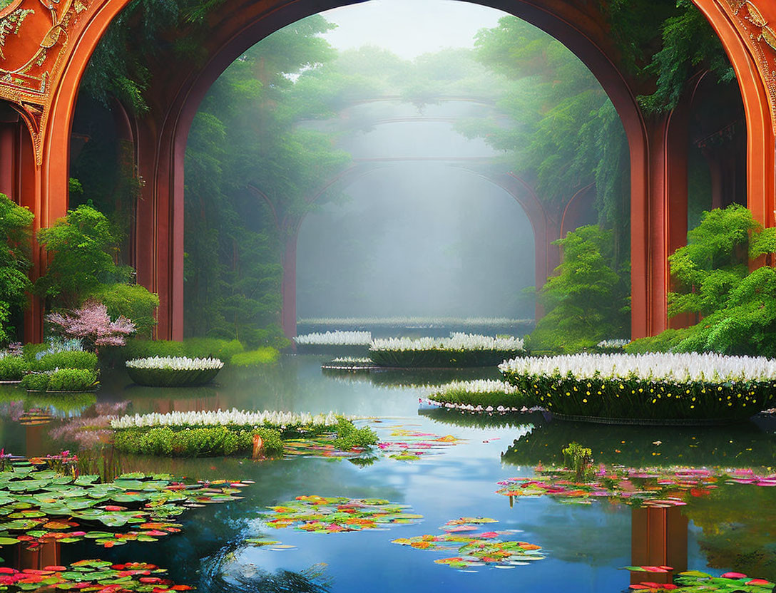 Tranquil garden with arched pathway, pond, and lush greenery