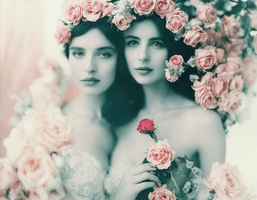 Vintage Portrait of Two Women with Floral Crowns and Roses