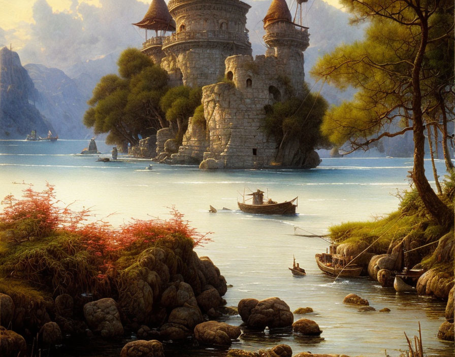 Tranquil landscape: old stone castle by water, boat on lake, lush trees, colorful flora